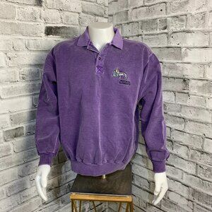 Vintage Embroidered Wolf Sweatshirt Mens M Purple 1/4 Button Collar Pullover 90s